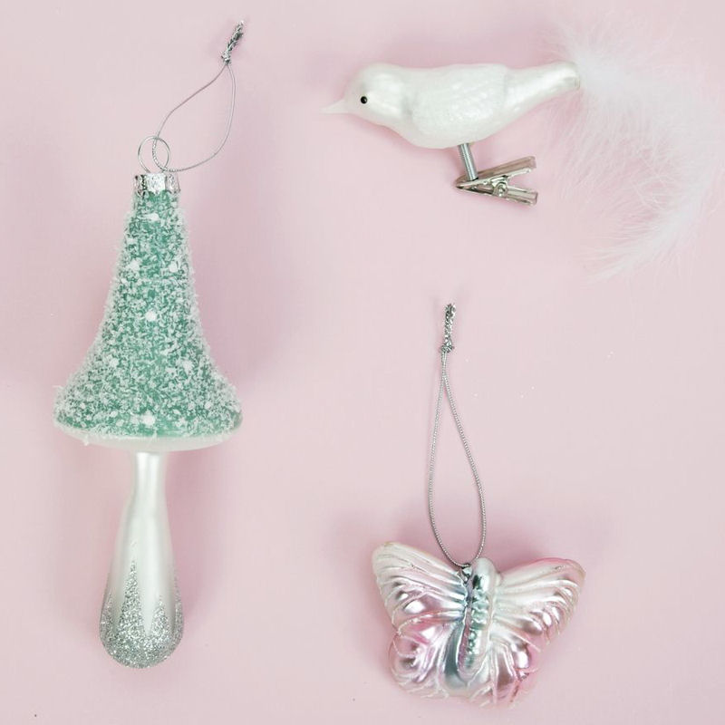 Mushroom, Butterfly and Bird Glass Christmas Tree Baubles