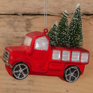 Red Truck with Trees Glass Christmas Tree Bauble