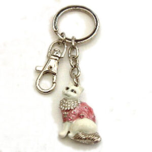 White Cat with Pink Coat Keyring with jump ring