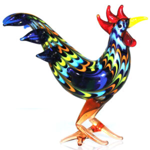 Miniature Glass Cockerel in Blues and Yellows - Objet D'Art