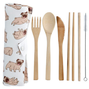 Bamboo 6-piece Cutlery Set in Canvas Roll - Mopps Pug Design