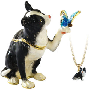 Secrets Range - Black and White Cat with Butterfly Jewelled and Enamelled Trinket Box by Arora Design