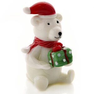 Miniature Glass Polar Bear with Christmas Present and Santa Hat and Scarf - Objet D'Art
