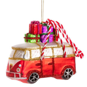 Camper Van with Presents Glass Christmas Tree Bauble/Ornament
