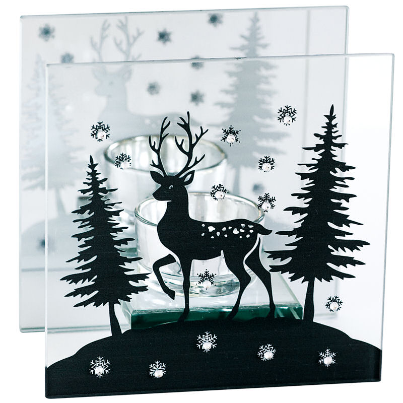 Mirror-Backed Tea-light Holder with Reindeer/Stag Motif