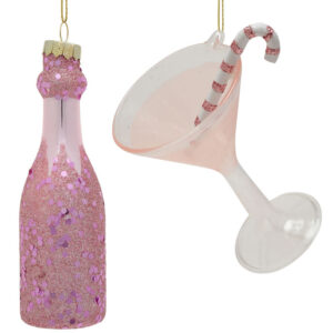 Pink Prosecco-style Bottle and Coupe With Swizzle Stick Glass Baubles