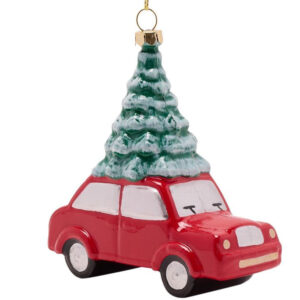 Car with Christmas Tree on Roof Plastic Bauble