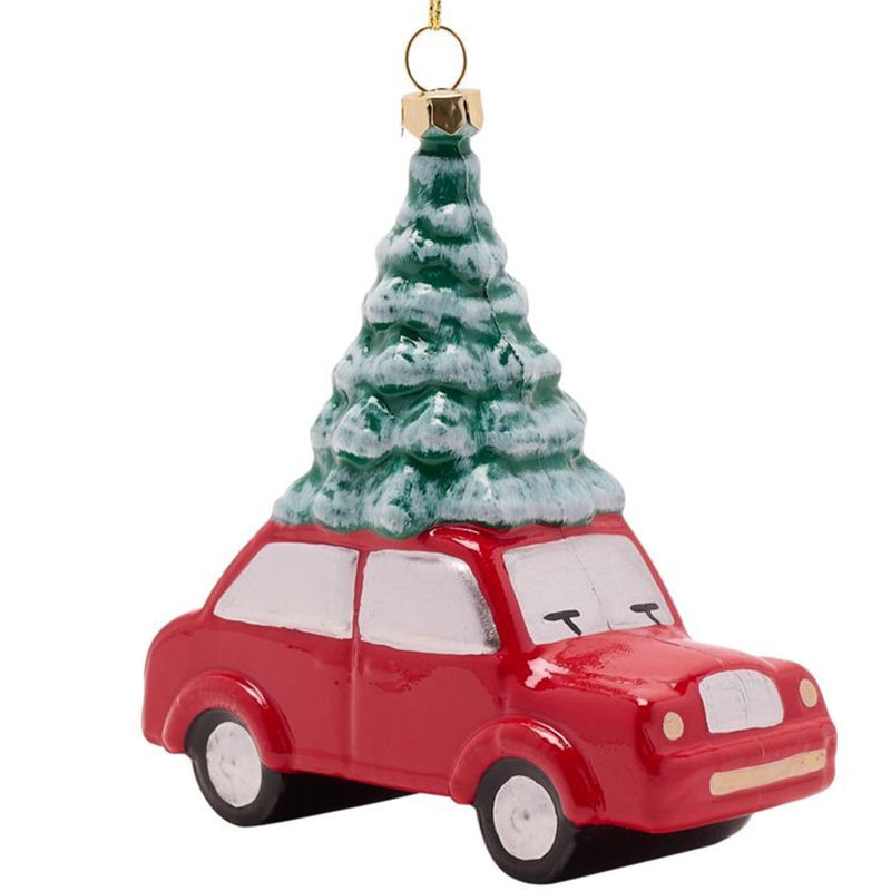 Car with Christmas Tree on Roof Plastic Bauble