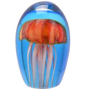 Glass Orange Jellyfish Figure/Paperweight on Turquoise Background from Objets D'Art