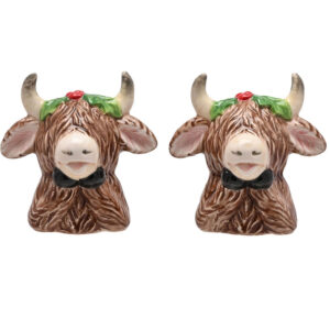 China Highland Cow with Holly Headpiece Novelty Salt and Pepper Pots