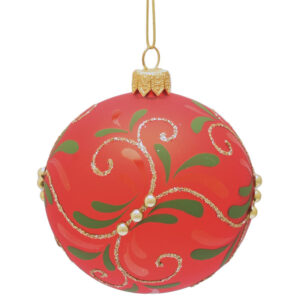 Glass Christmas Tree Bauble with Mistletoe Design on Red Background