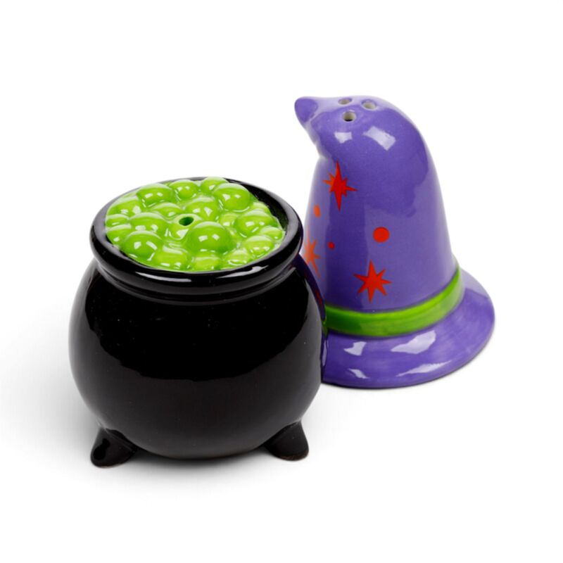Spooky Witch's Hat and Cauldron Novelty Salt and Pepper Shakers for Halloween